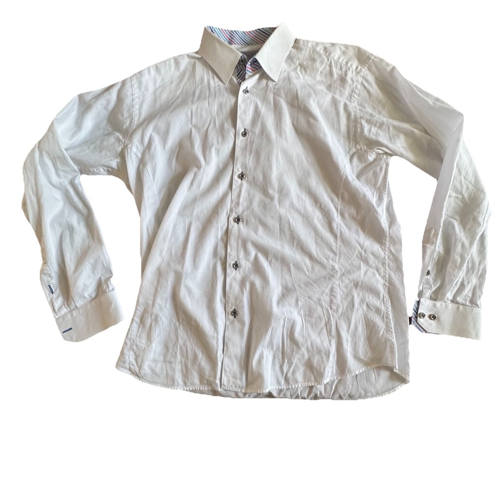 Jared Lang Mens Accented White Long Sleeve Button Up Cotton Dress Shirt SZ XL